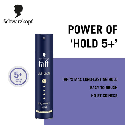 Schwarzkopf TAFT Ultimate Hair Spray For Hair With Crystal Shine Hold 5+, Lasts For 72 Hours