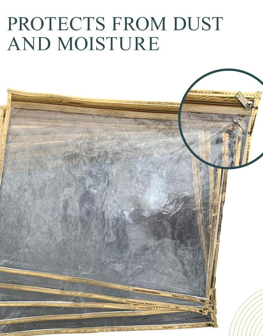 Premium Saree Cover Golden Colour, Transparent Saree Covers With Zip, Saree Covers For Storage